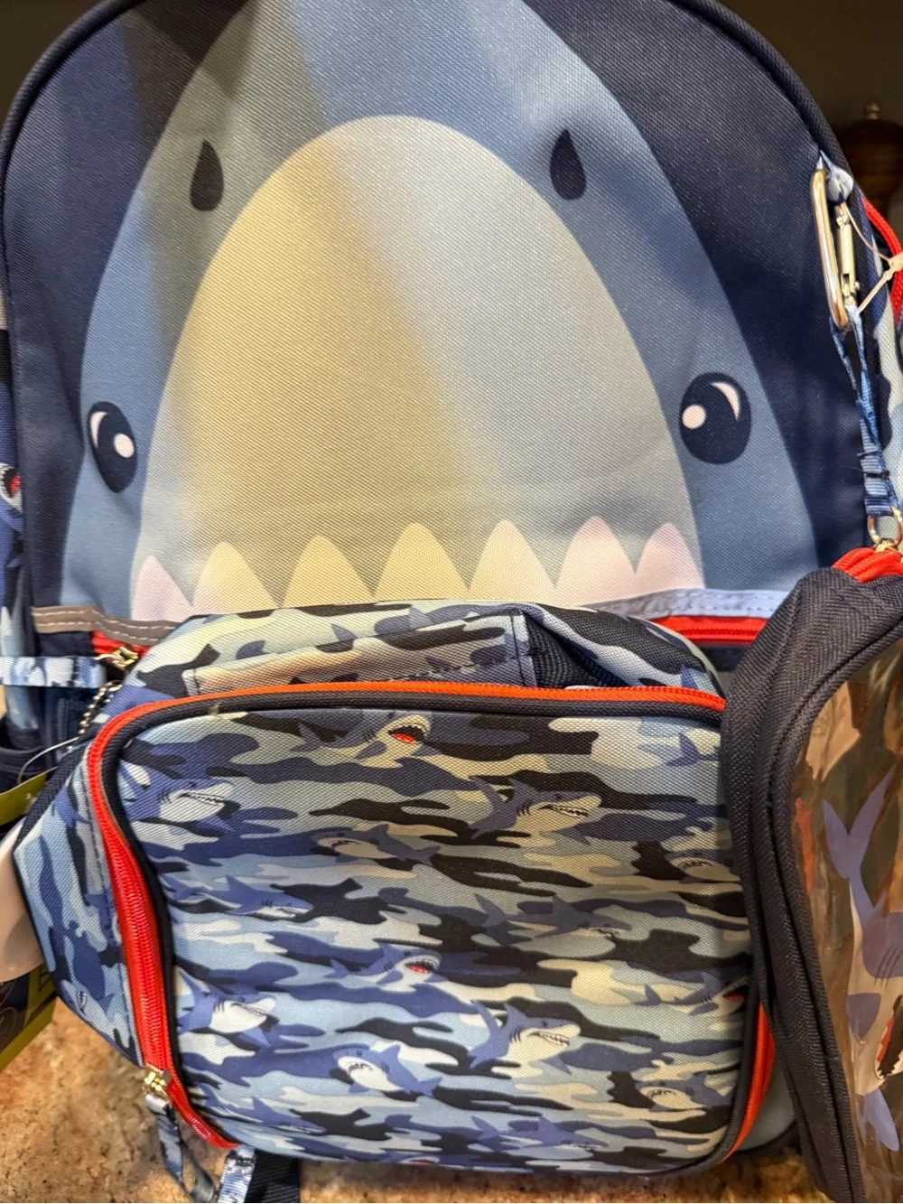 Kids Blue Shark Backpack with Clear Shark Pouch Lunch Box Shark Charm 4 pieces